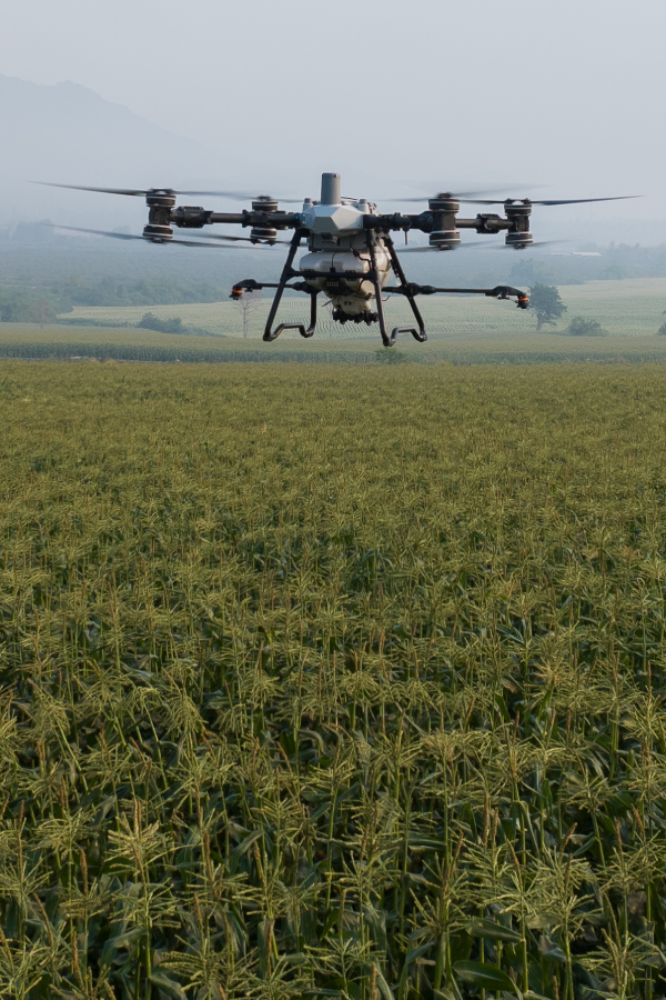 Agricultural drone spraying crops at golden hour with mountains in the background